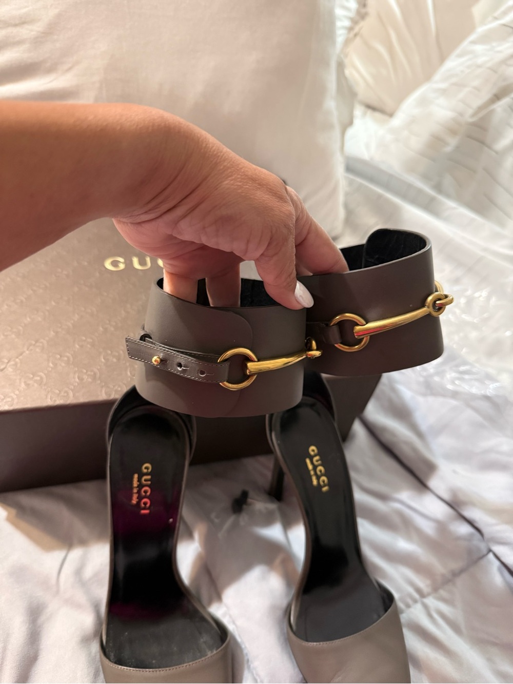 Gucci Brown Leather Horsebit Ankle-Strap Heels
